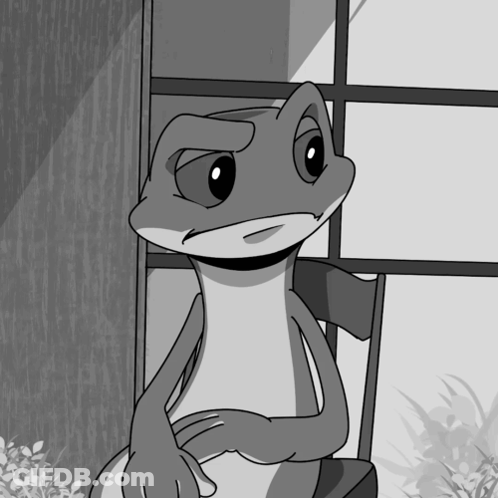 A Black And White Drawing Of A Lizard Looking Out Of A Window GIF