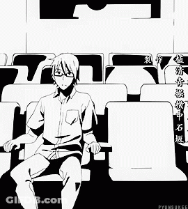 A Black And White Drawing Of A Man And A Boy Sitting In A Row Of Seats . GIF
