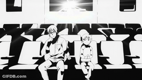 A Black And White Drawing Of A Man And A Child Sitting In A Theater GIF