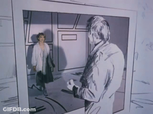 A Black And White Drawing Of A Man And A Woman In A Room GIF