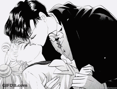 A Black And White Drawing Of A Man And A Woman Kissing With The Words Fiveetsailormoon At The Bottom GIF