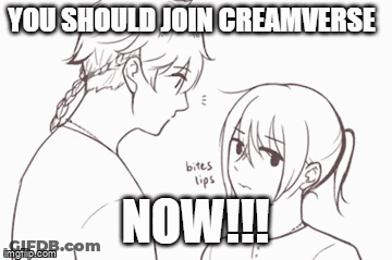 A Black And White Drawing Of A Man And A Woman With A Caption That Says You Should Join Creamverse Now !! GIF