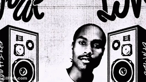 A Black And White Drawing Of A Man And Speakers With The Word Music On The Bottom Right GIF