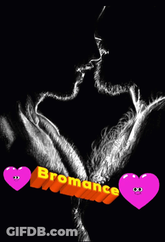 A Black And White Drawing Of A Man And Woman Kissing With The Word Bromance On The Bottom Right GIF