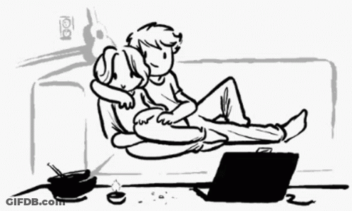 A Black And White Drawing Of A Man And Woman Laying On A Couch With A Laptop On The Floor . GIF