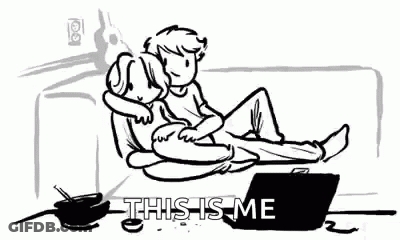 A Black And White Drawing Of A Man And Woman Sitting On A Couch With A Laptop . GIF