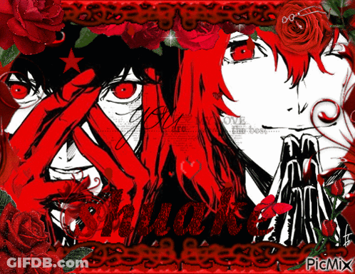 A Black And White Drawing Of A Man And Woman With Red Eyes And Red Roses And The Word Picmix At The Bottom GIF