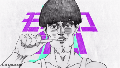 A Black And White Drawing Of A Man Brushing His Teeth With A Purple Letter E In The Background GIF