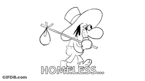 A Black And White Drawing Of A Man Carrying A Bag And The Words Homeless Below Him GIF