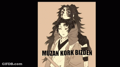 A Black And White Drawing Of A Man Carrying Another Man On His Shoulders With The Words Muzan Kork Bizden Written Below GIF