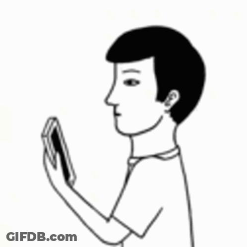 A Black And White Drawing Of A Man Covering His Mouth While Holding A Cell Phone GIF