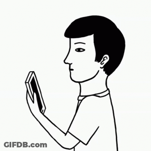 A Black And White Drawing Of A Man Covering His Mouth While Looking At A Phone GIF