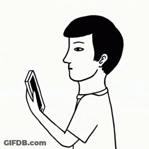 A Black And White Drawing Of A Man Covering His Mouth With His Hand While Looking At A Cell Phone GIF