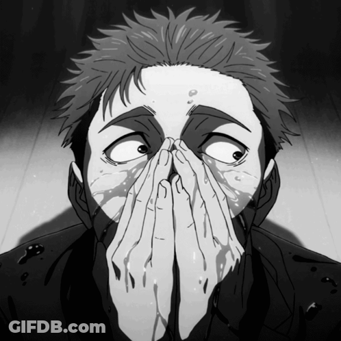 A Black And White Drawing Of A Man Covering His Nose With His Hands GIF