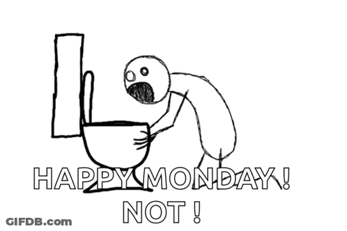 A Black And White Drawing Of A Man Drinking From A Cup With The Words Happy Monday Not GIF
