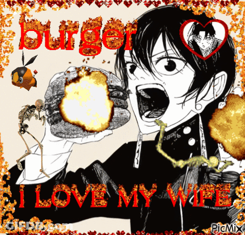 A Black And White Drawing Of A Man Eating A Hamburger With The Words I Love My Wife Below Him GIF