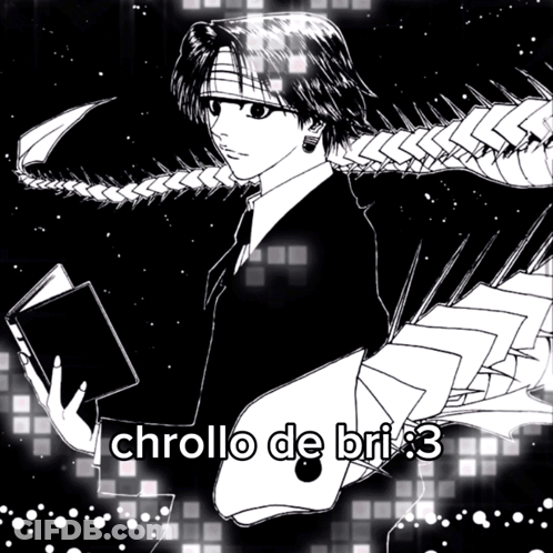 A Black And White Drawing Of A Man Holding A Book And The Words Chrollo De Bri 3 GIF