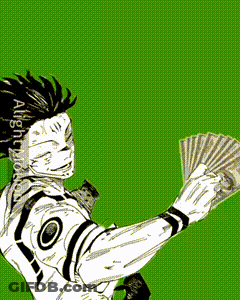A Black And White Drawing Of A Man Holding A Fan Of Money With The Word Moni Written Above Him GIF