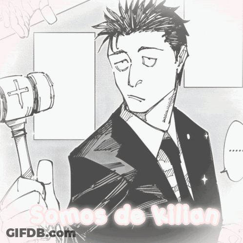 A Black And White Drawing Of A Man Holding A Gavel With The Words Somos De Killian On The Bottom GIF