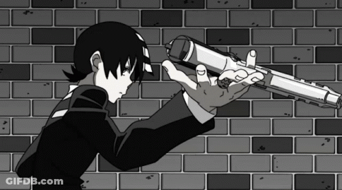 A Black And White Drawing Of A Man Holding A Gun GIF