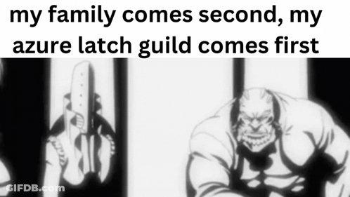 A Black And White Drawing Of A Man Holding A Gun With The Words My Family Comes Second My Azure Latch Guild Comes First GIF