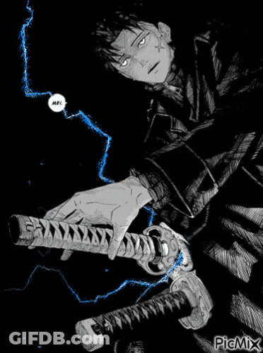 A Black And White Drawing Of A Man Holding A Sword With A Speech Bubble That Says Me GIF