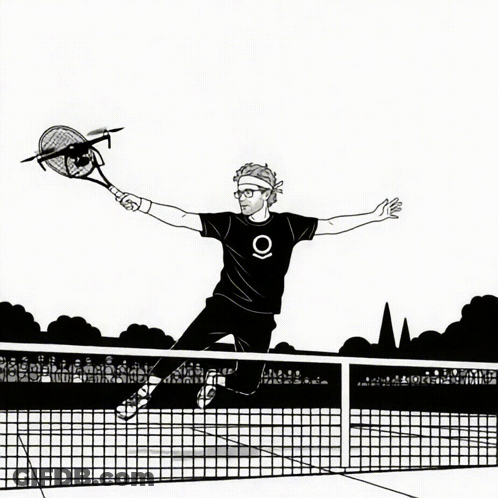 A Black And White Drawing Of A Man Holding A Tennis Racket GIF