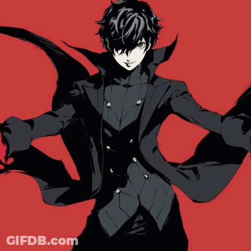 A Black And White Drawing Of A Man In A Black Coat On A Red Background GIF