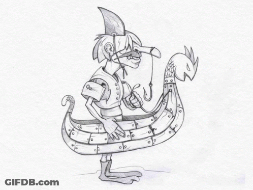 A Black And White Drawing Of A Man In A Boat With A Shark On His Head GIF