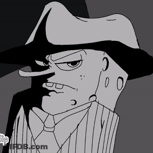 A Black And White Drawing Of A Man In A Fedora Holding A Fan GIF