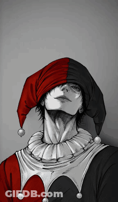 A Black And White Drawing Of A Man In A Harlequin Costume GIF