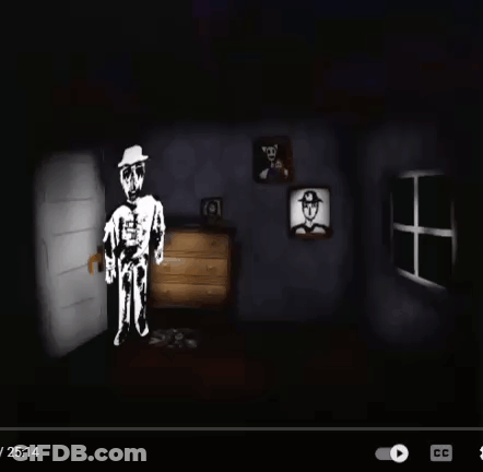 A Black And White Drawing Of A Man In A Hat In A Dark Room GIF