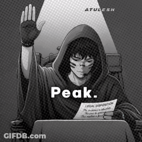 A Black And White Drawing Of A Man In A Hood Holding A Piece Of Paper That Says Peak GIF