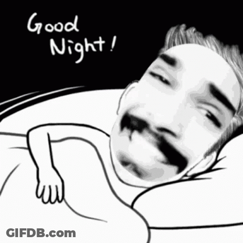 A Black And White Drawing Of A Man Laying In Bed With The Words " Good Night " Written Above Him GIF