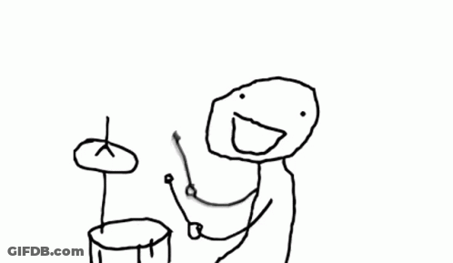 A Black And White Drawing Of A Man Playing Drums With The Words Ba Dum Tsss Above Him GIF
