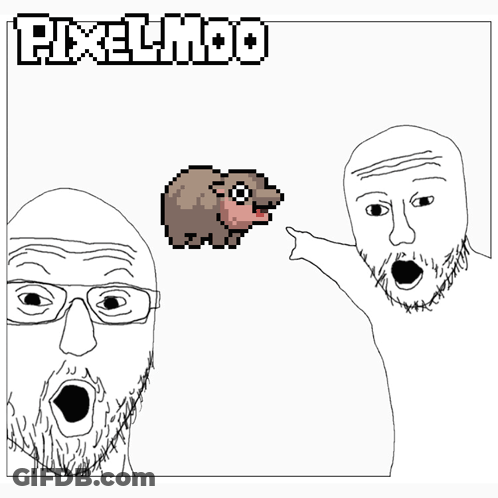 A Black And White Drawing Of A Man Pointing At A Pixelated Sheep With Pixelado Written On The Top GIF