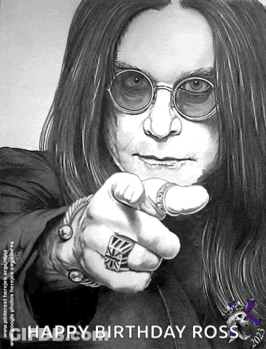 A Black And White Drawing Of A Man Pointing At The Camera With The Words Happy Birthday Ross GIF