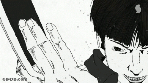 A Black And White Drawing Of A Man 'S Face And Fingers GIF