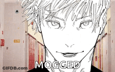 A Black And White Drawing Of A Man 'S Face In A Hallway With The Words Mogged Written On The Bottom . GIF