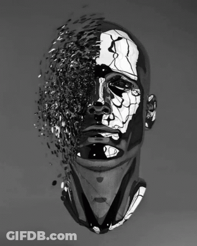 A Black And White Drawing Of A Man 'S Face That Is Breaking Apart GIF