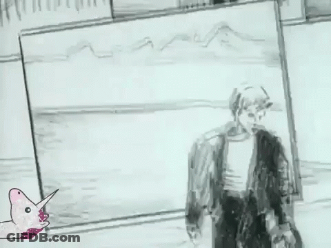 A Black And White Drawing Of A Man 'S Face With A Pink Unicorn In The Background . GIF