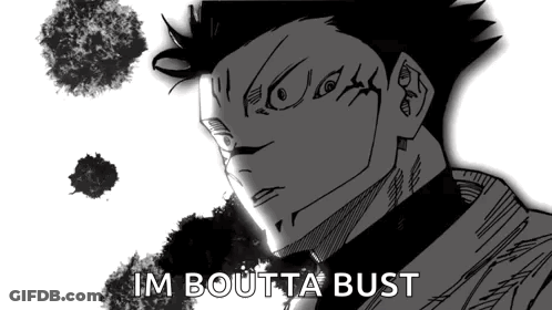 A Black And White Drawing Of A Man 'S Face With The Words `` Im Boutta Bust '' Written Below Him . GIF