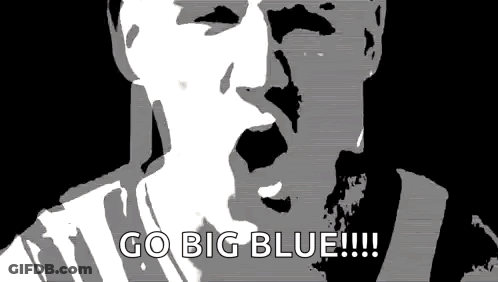 A Black And White Drawing Of A Man Screaming With The Words Go Big Blue !!! GIF