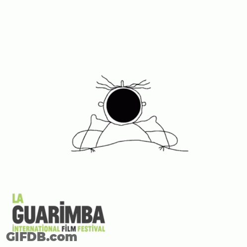 A Black And White Drawing Of A Man Sitting At A Desk With The Words La Guarimba International Film Festival Below Him GIF