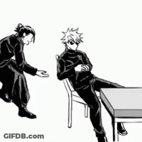 A Black And White Drawing Of A Man Sitting At A Table With Another Man Standing Next To Him . GIF