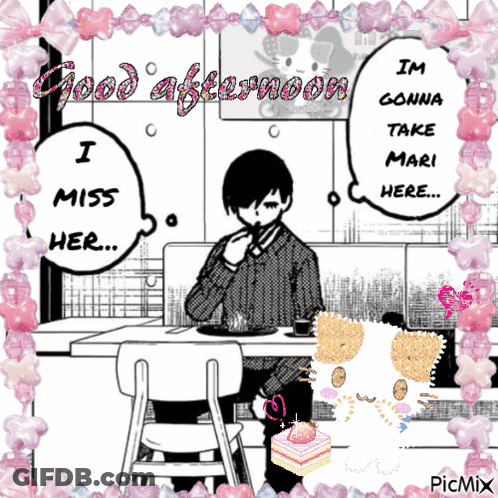 A Black And White Drawing Of A Man Sitting At A Table With The Words " Good Afternoon I Miss Her " GIF