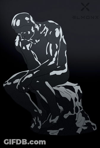 A Black And White Drawing Of A Man Sitting On A Rock With The Letter X Below It GIF