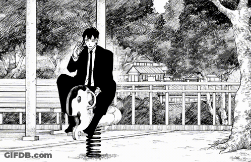 A Black And White Drawing Of A Man Sitting On A Seesaw Talking On A Cell Phone GIF