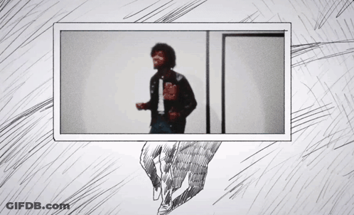 A Black And White Drawing Of A Man Standing In A Doorway GIF