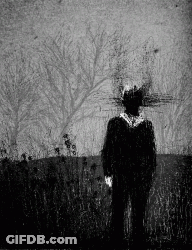 A Black And White Drawing Of A Man Standing In A Field With Trees In The Background GIF